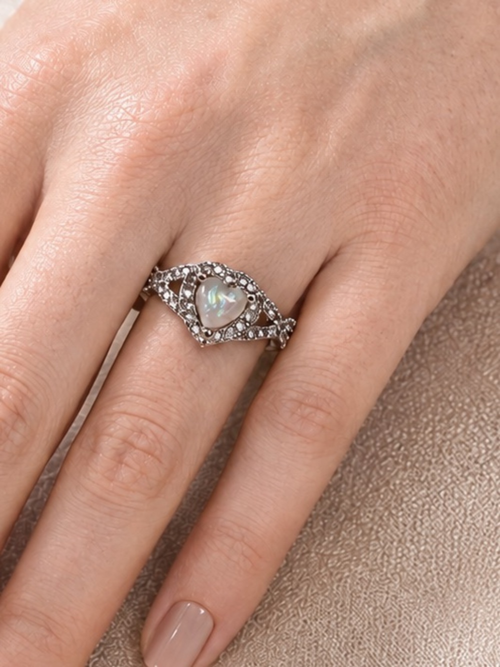 Heart Faux Opal Halo Ring Silver Tone CZ Accent Stones Size 11.5 Vintage Style